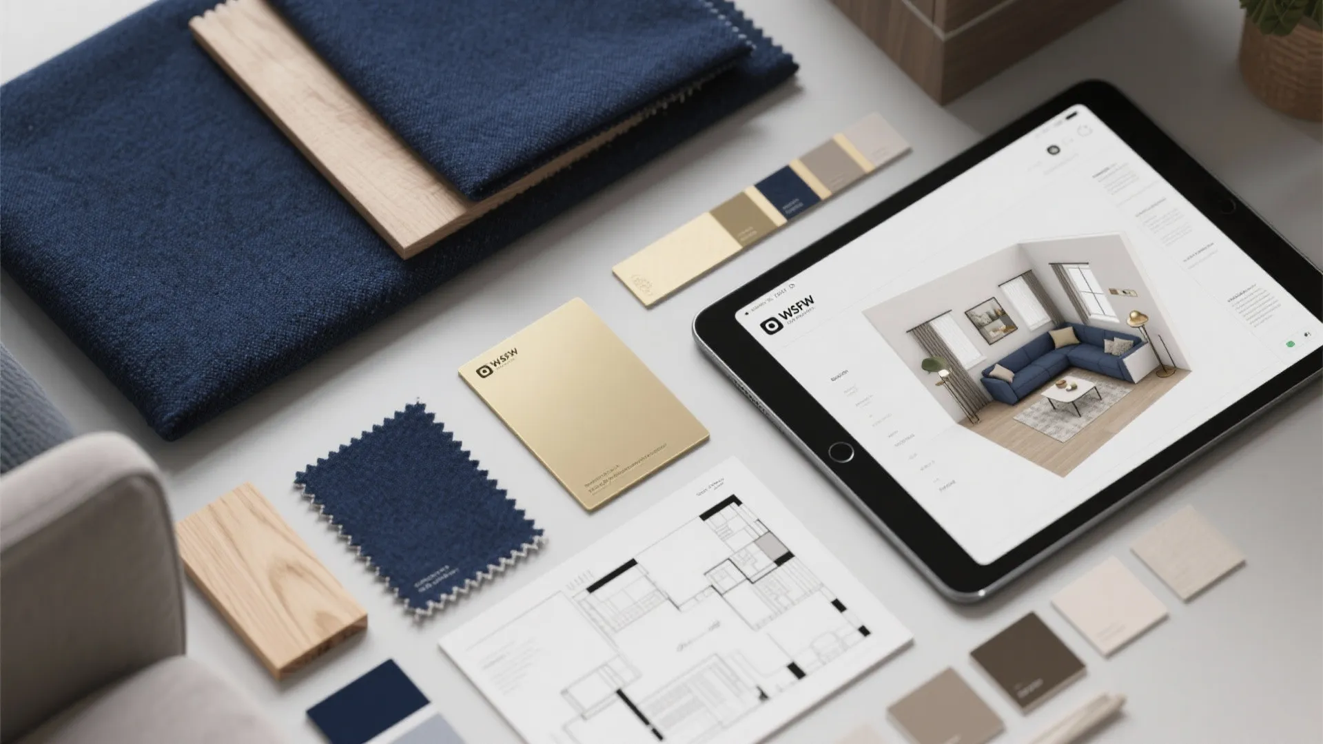 Flatlay of navy fabric swatches, light wood samples, brass finishes and a 3D room planner on a tablet
