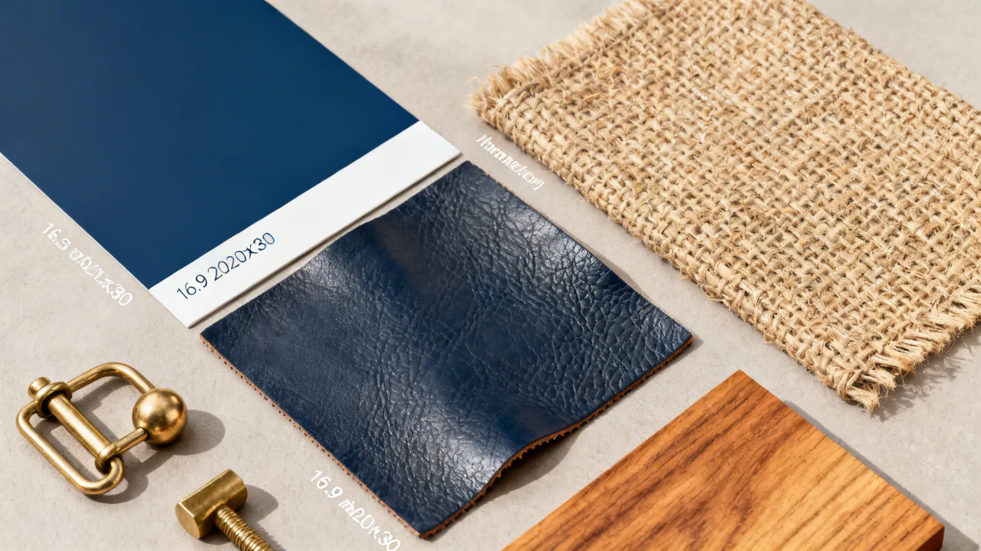 Flatlay of navy swatch with brass, leather, jute, and oak material samples.