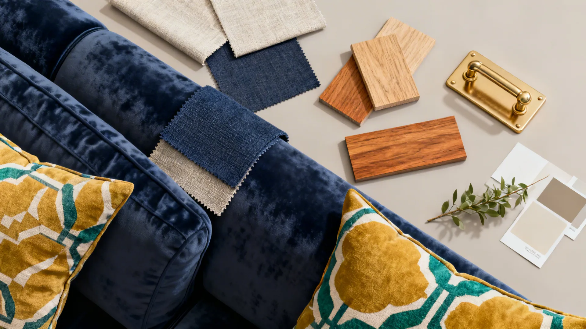 Flatlay of fabric swatches, wood samples and accent colors for styling a navy sofa.