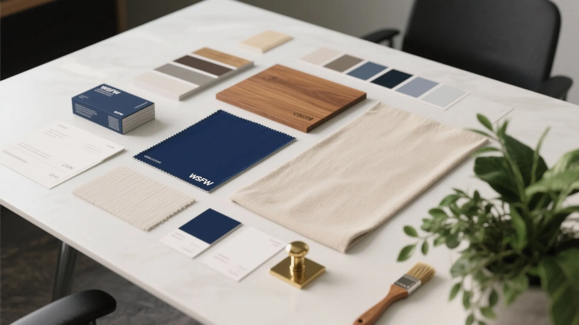Interior design mood board with navy fabric wood samples paint colors and gold hardware pieces