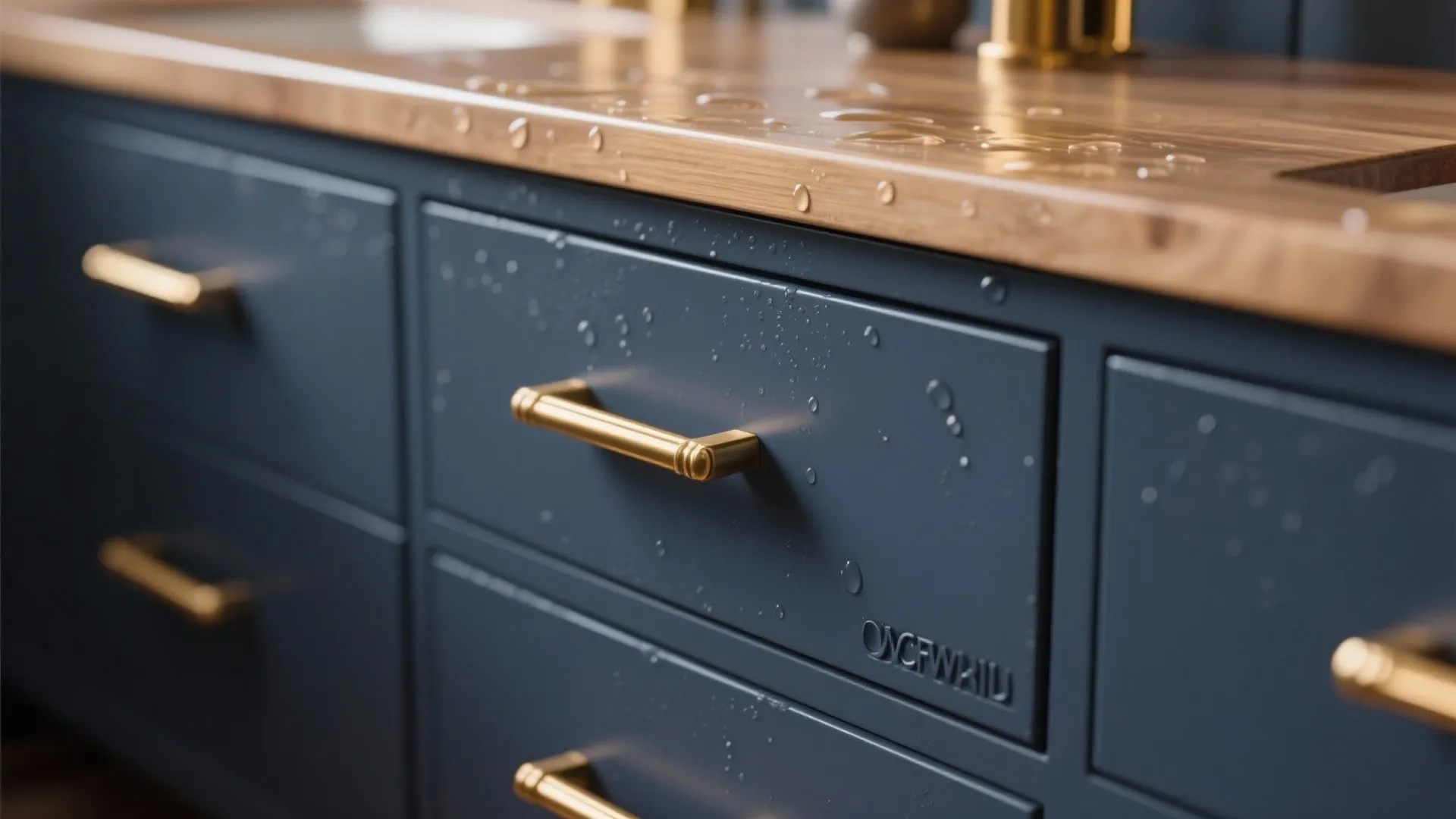 2. Matte Navy Cabinets and Brass Hardware