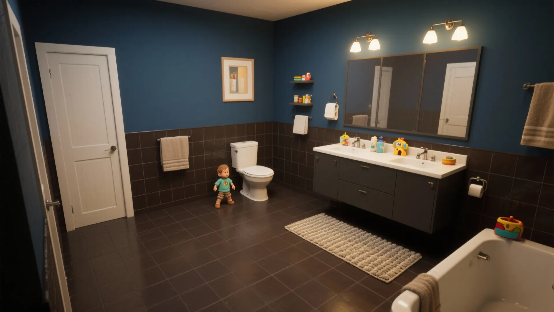 Family bathroom with navy walls and matte chocolate-brown floor tiles, warm lighting and practical finishes