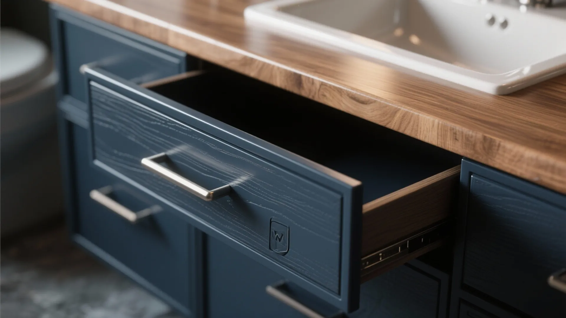 1. Navy Matte Vanity with Warm Wood Countertop