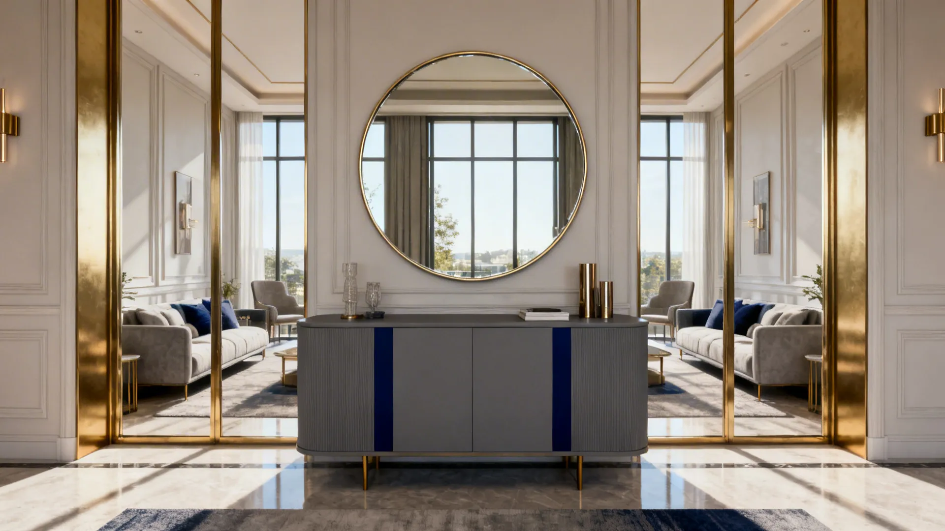 Living area with a large round mirror above a grey console and warm metallic finishes reflecting light.