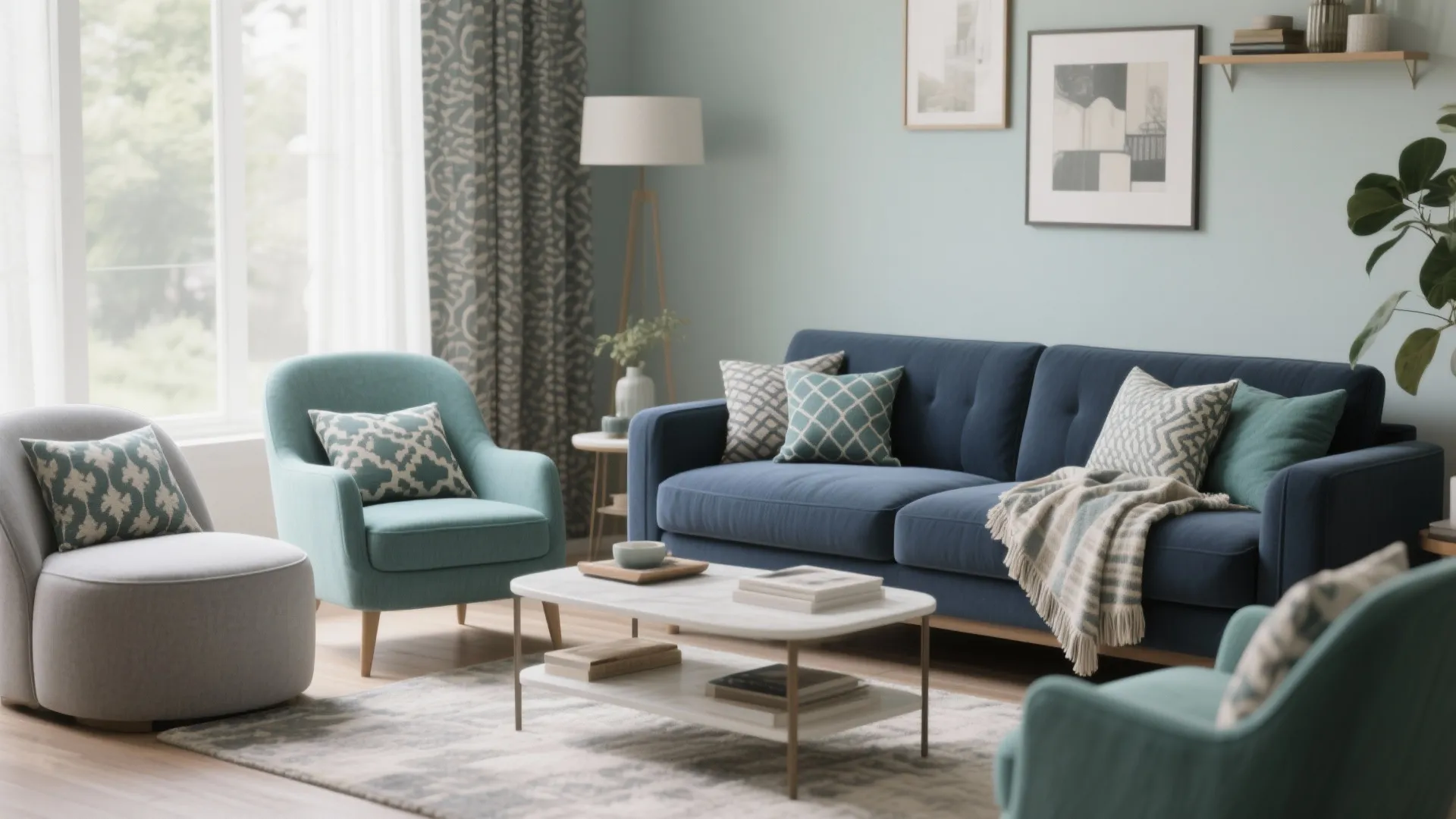 Navy loveseat paired with gray and muted teal chairs and patterned cushions in a small living room