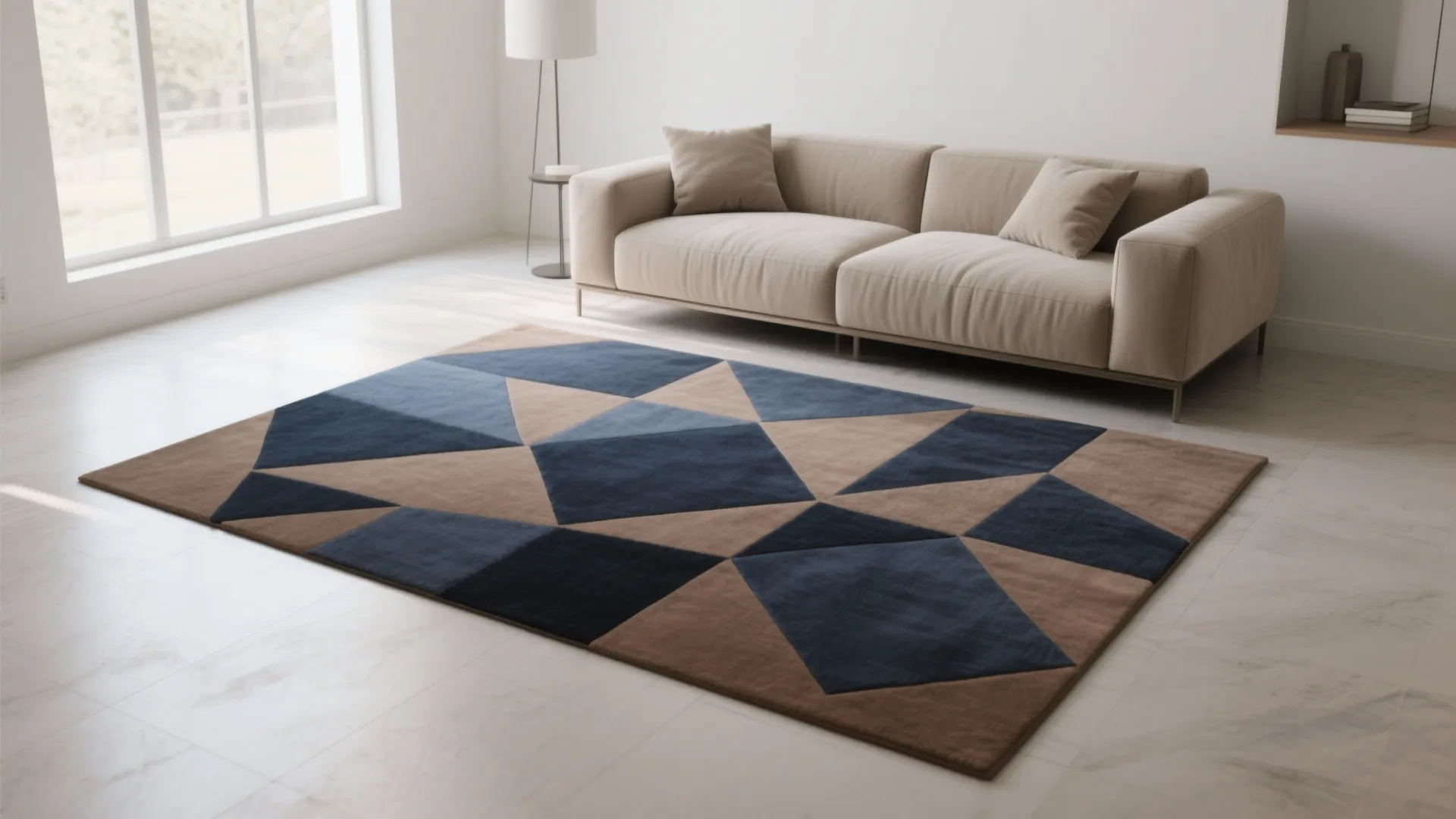 Modern living room with a geometric navy-on-mocha rug aligning with furniture placement.