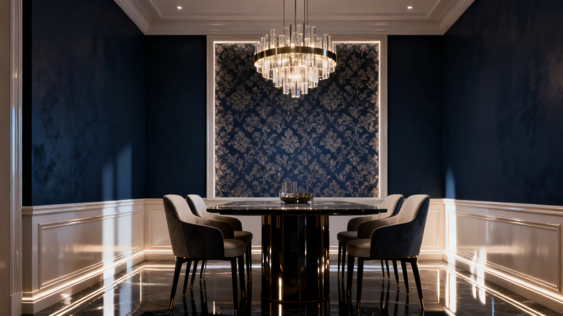Modern dining room with dark blue walls white wall panels black table and ceiling light