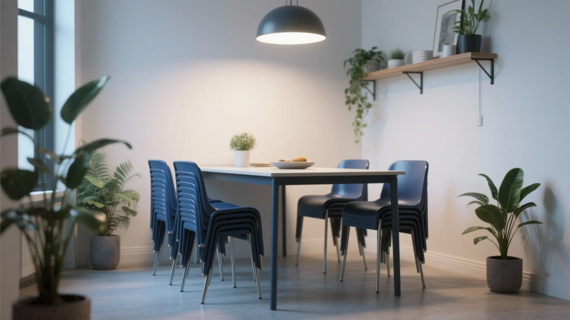 Blue chairs stacked around white dining table under black ceiling light in a bright room