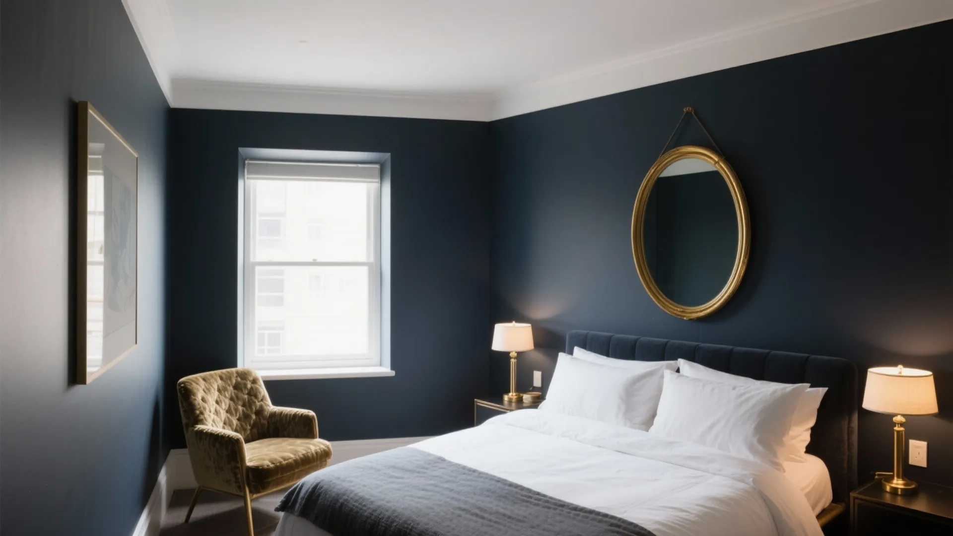 Navy blue bedroom with a round gold wall mirror velvet chair bedside lights and white bedding
