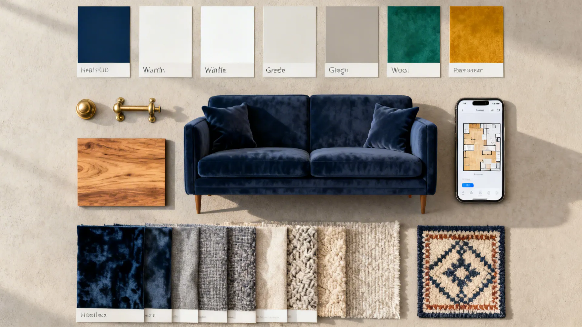 Interior design mood board with navy sofa color swatches fabric samples and mobile phone app