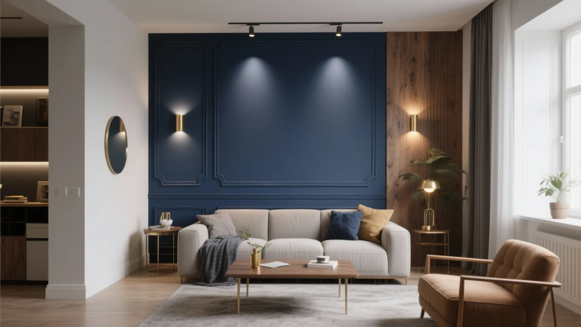 Modern living room with navy wall panel wood accent beige sofa and gold colored wall lights