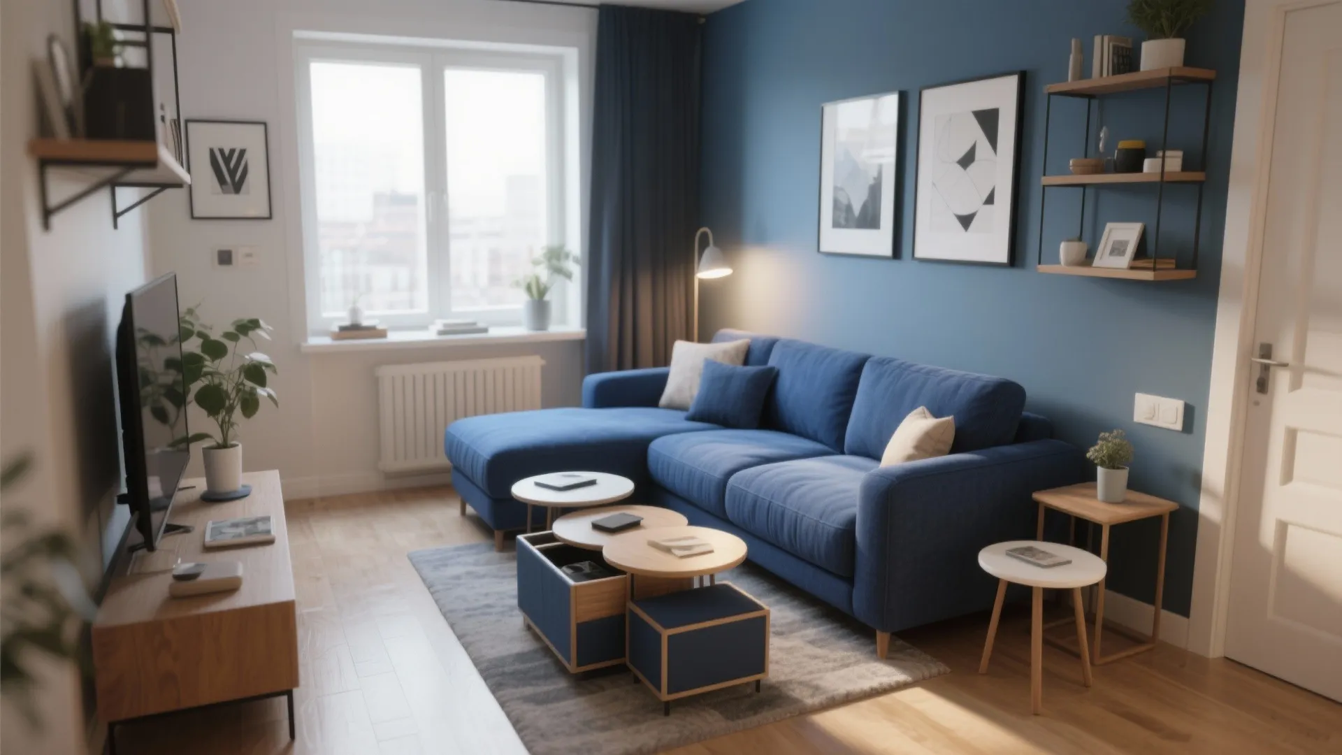 Modern blue living room with sofa wooden coffee table wall shelves blue wall and natural light