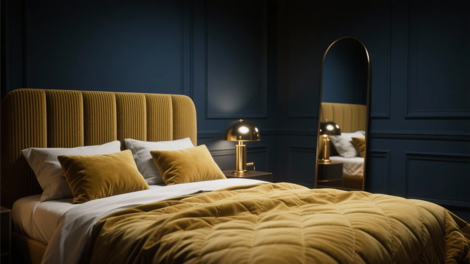 2. Deep navy feature wall and mustard textiles