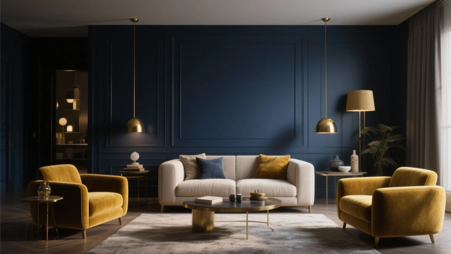 2. Bold Navy Walls with Mustard Accents