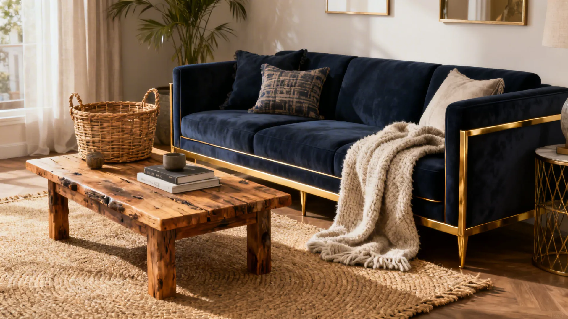 Navy and gold living room softened with reclaimed wood, rattan and jute for a lived-in feel.