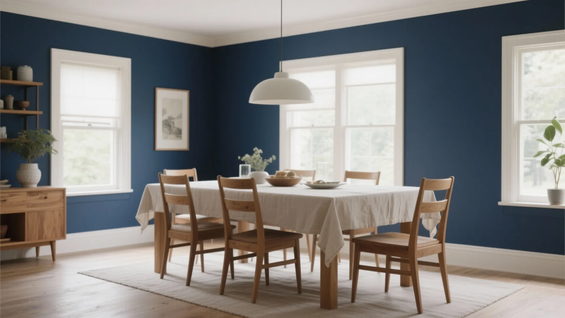 2. Navy Blue + Natural Wood