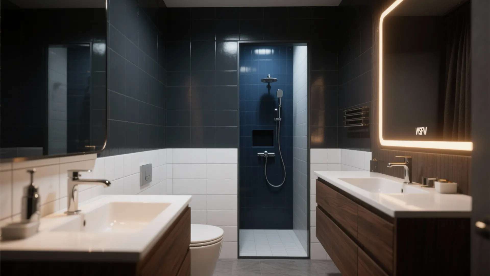 Modern bathroom with dark blue wall tiles, wooden cabinets, white sinks, lighted mirror, and shower