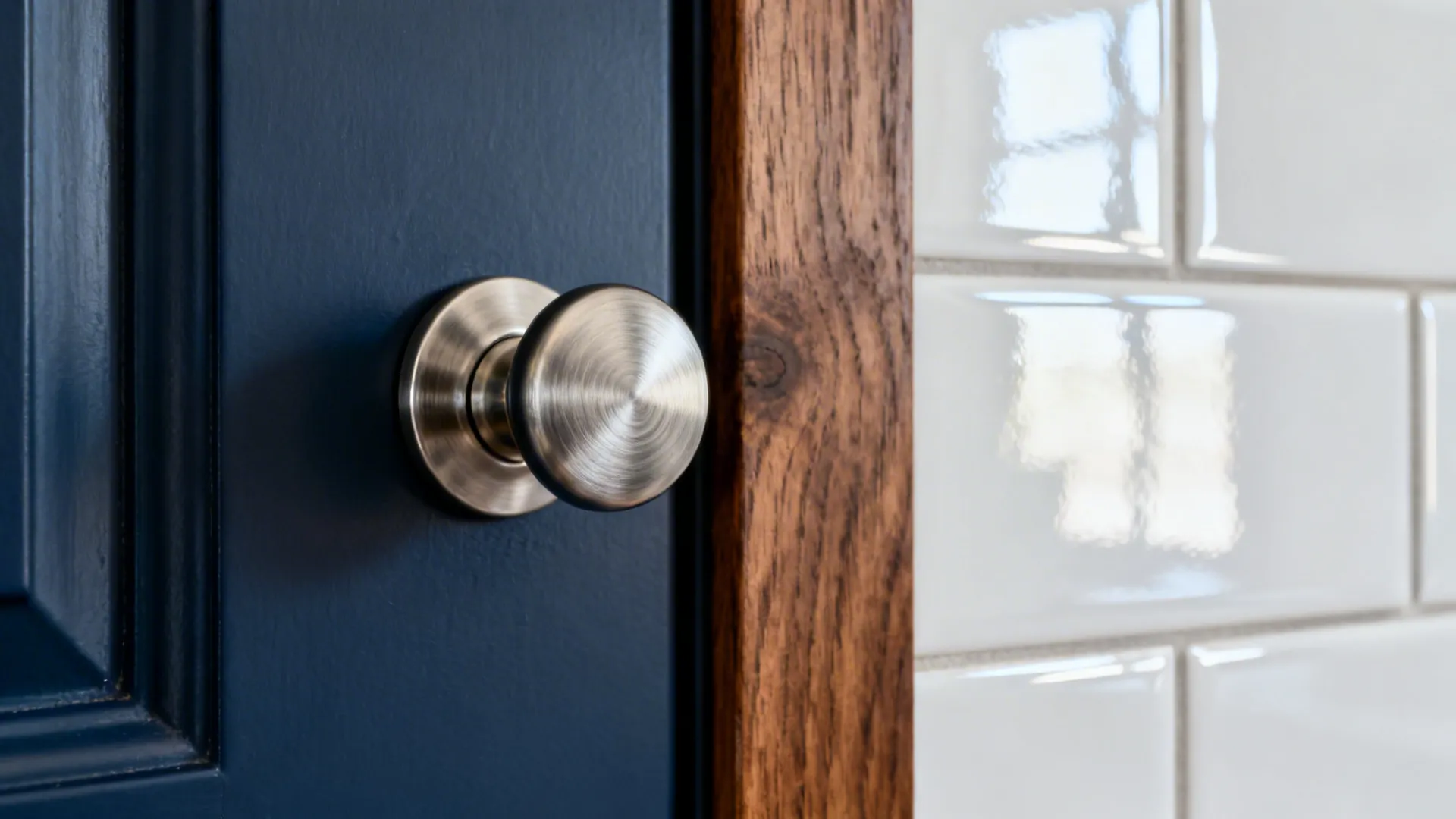Close-up of satin nickel knob on navy cabinet with walnut and glossy white tile.