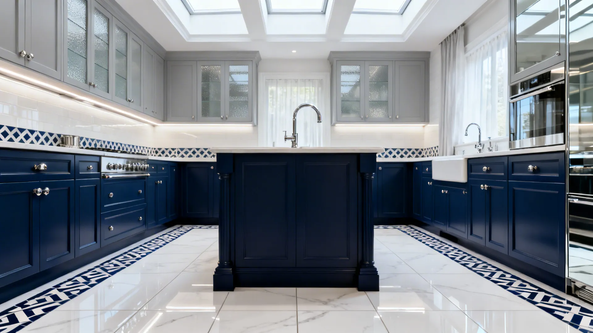 Modern kitchen featuring navy blue cabinets grey upper cabinets white tile backsplash and central island
