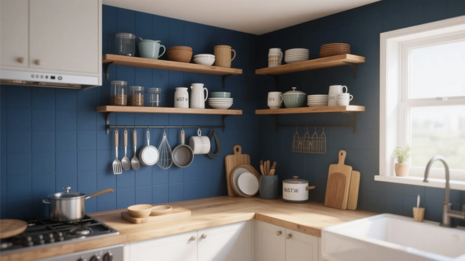 5. Open Shelving in a Navy Nook