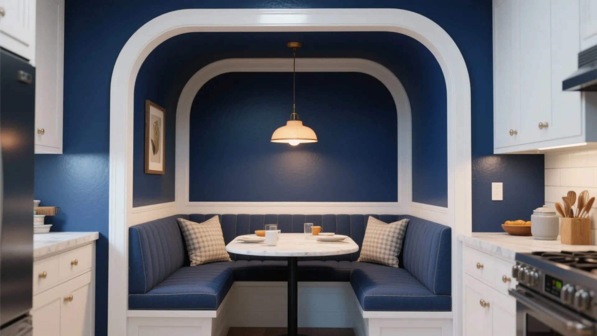 Breakfast nook with blue bench seating white marble table and a single hanging ceiling light