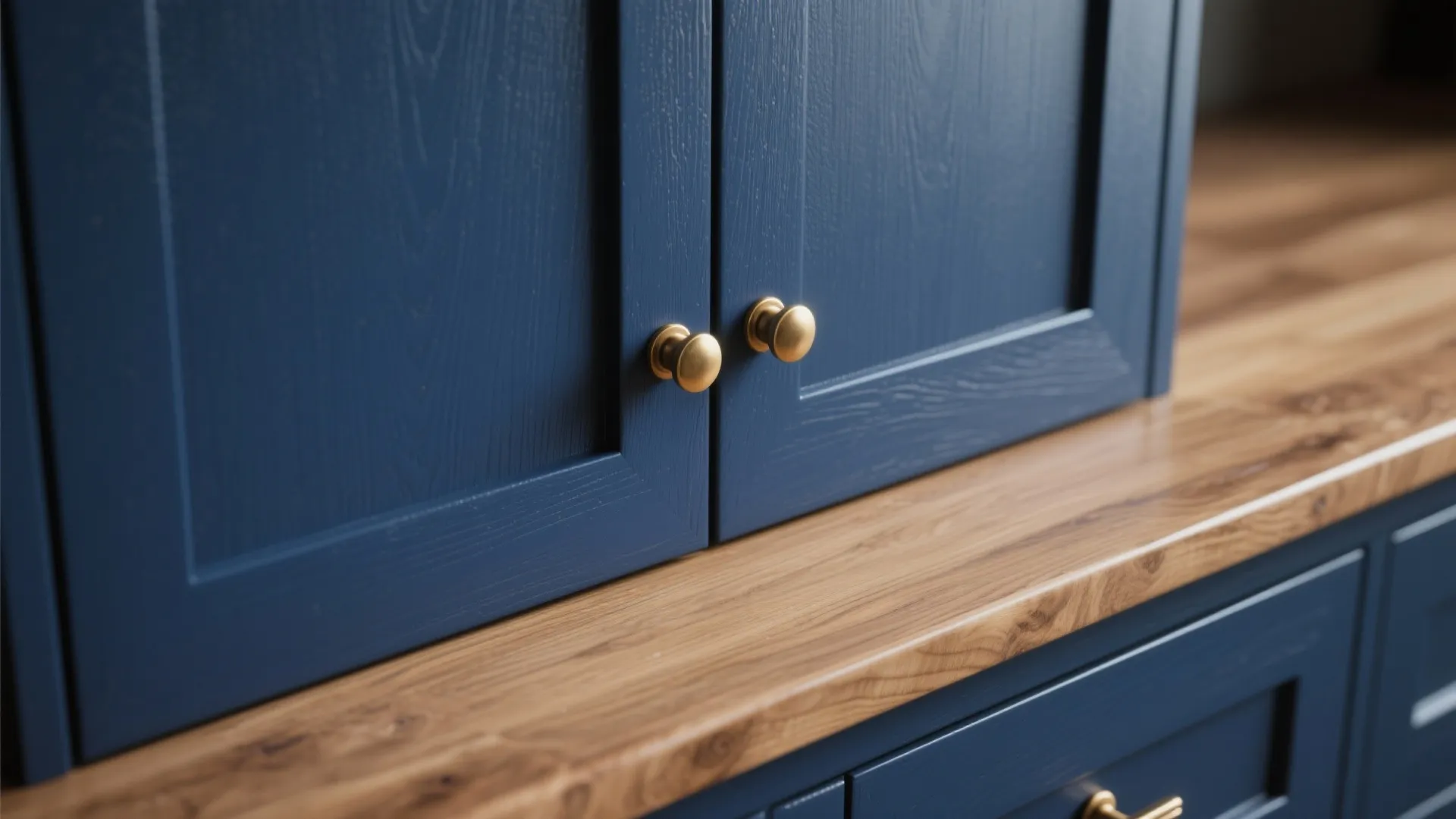 Close up of navy blue cabinet doors with gold round handles on a wooden table top