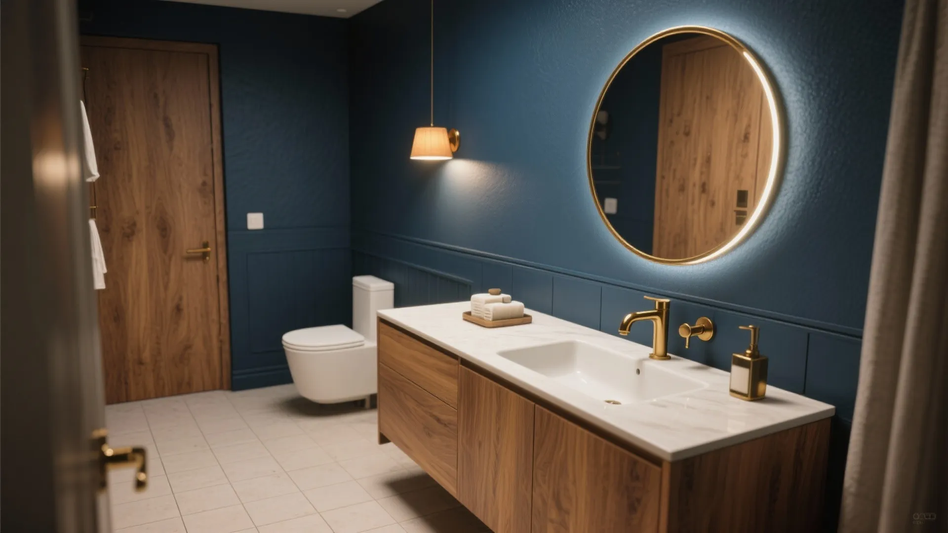 1. Deep Navy Walls + Warm Oak Vanity