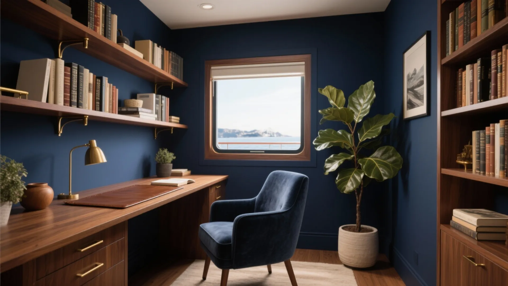 Home office with navy blue walls, wooden desk, bookshelves, green plant, and a large window