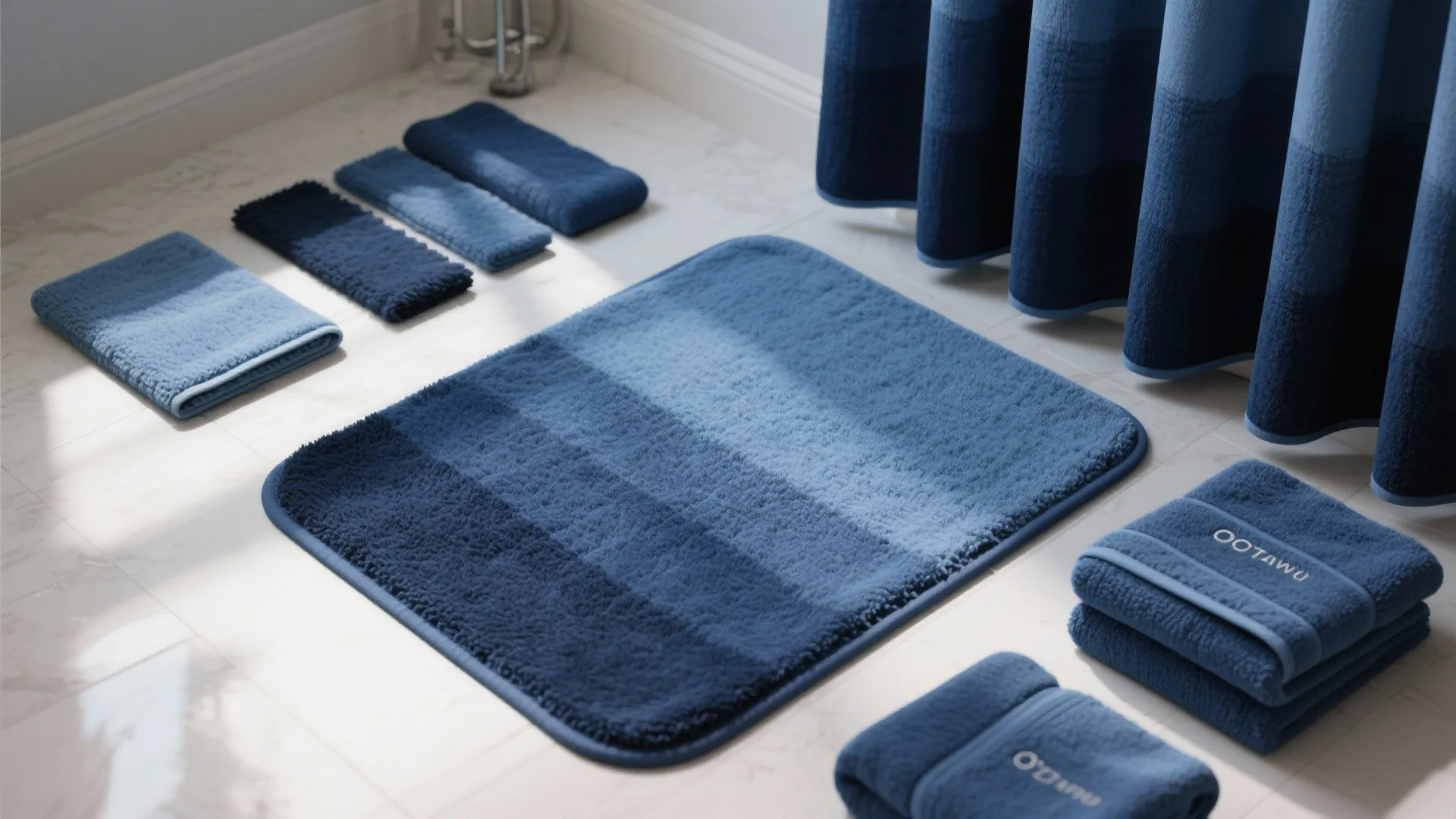 Flatlay showing ombre navy rug gradient with coordinating towel and curtain swatches.