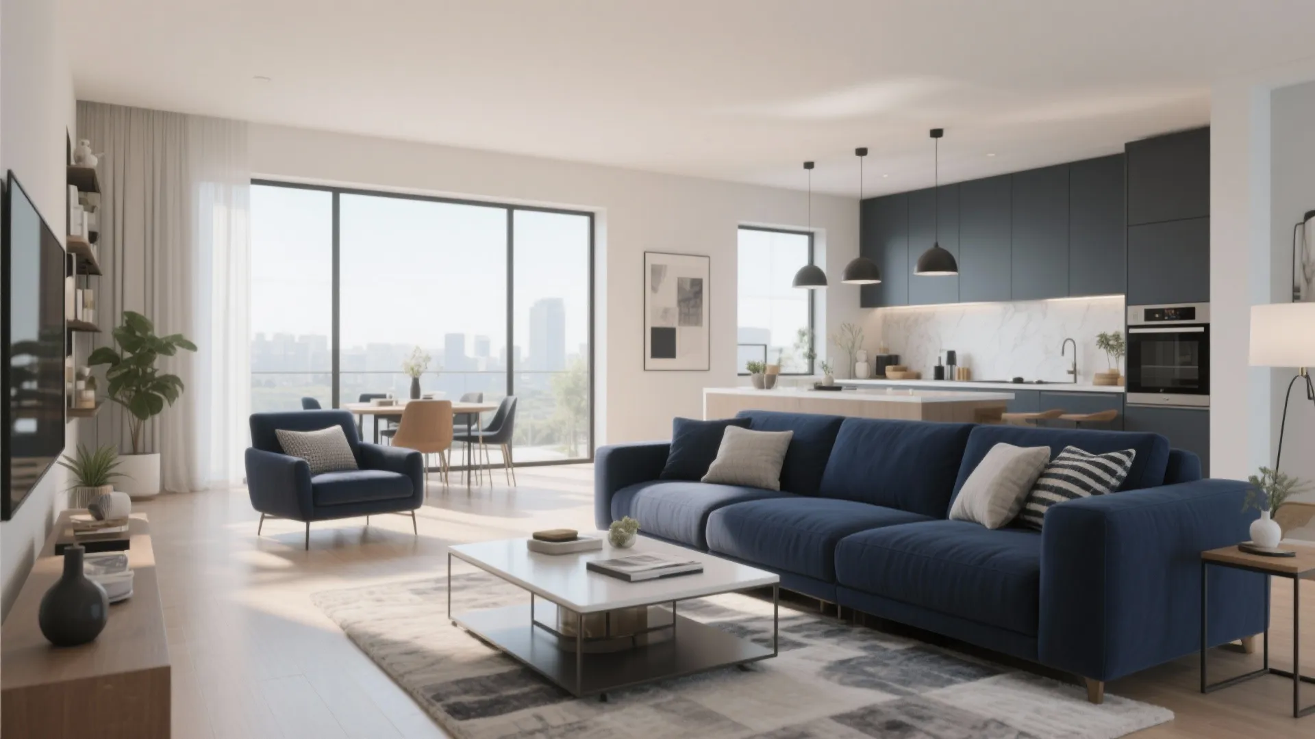 10. Navy Couch in an Open Concept Layout