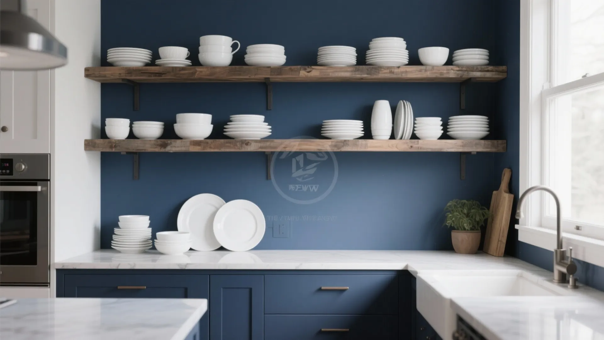 1. Navy Accent with Open Shelves