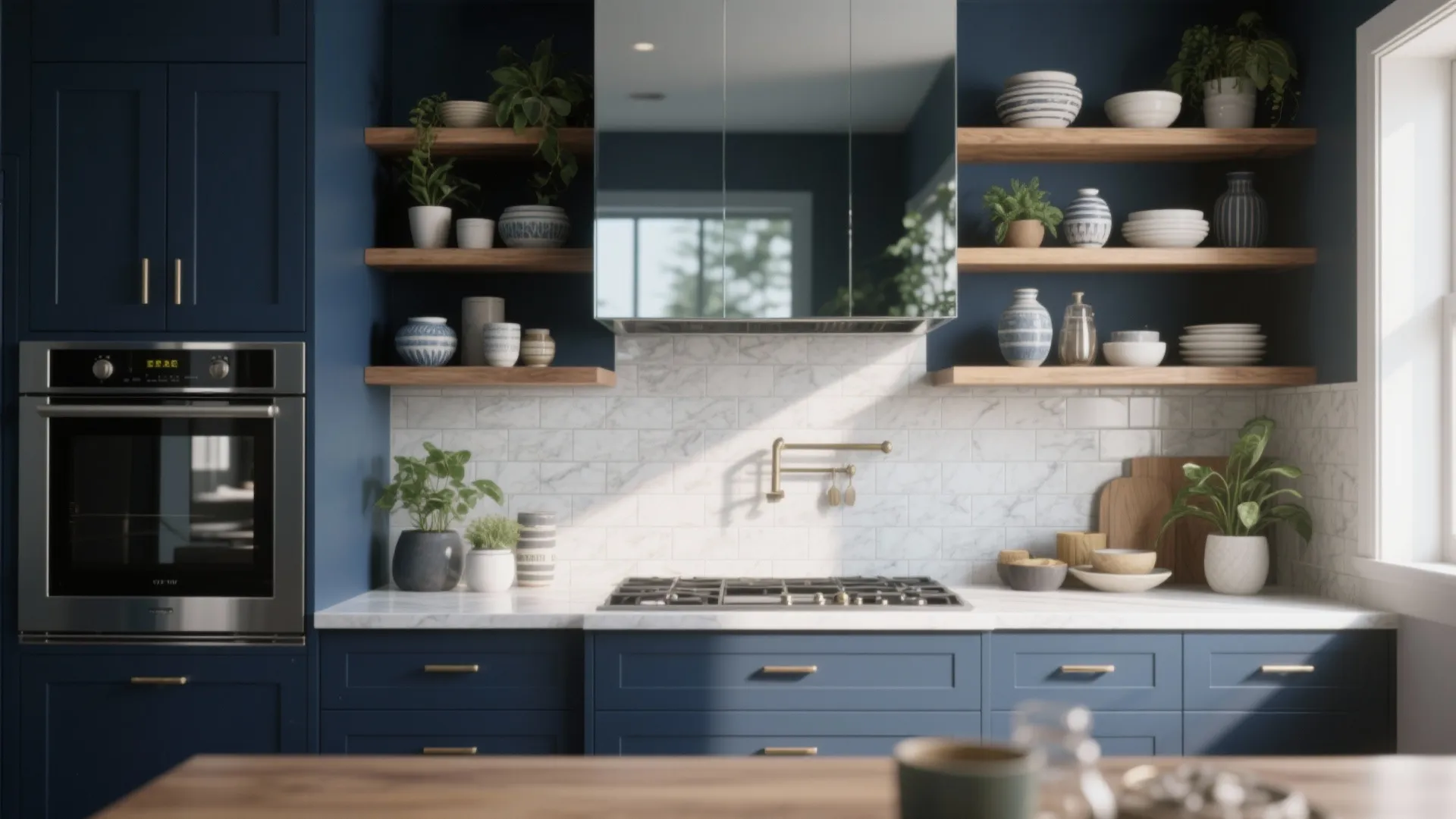 3. Navy with open shelves and light backsplash