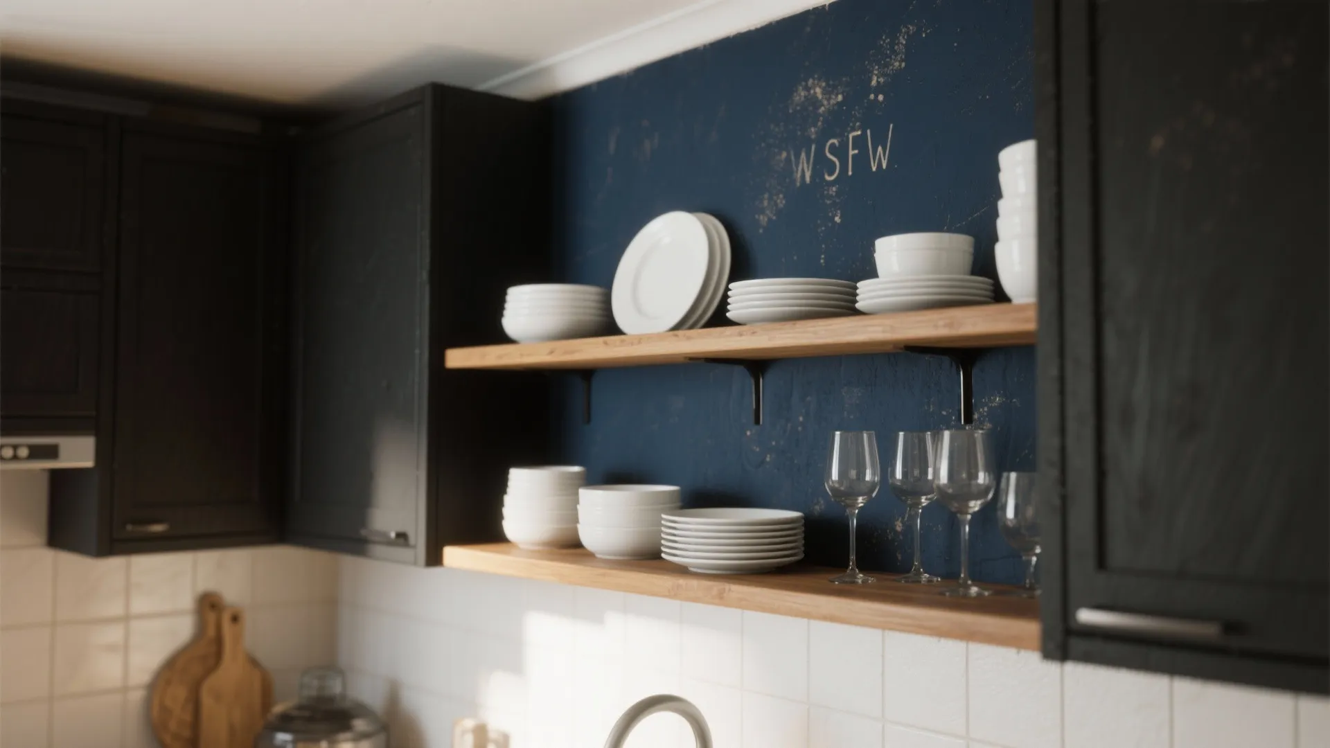 1. Bold Paint Behind Open Shelves