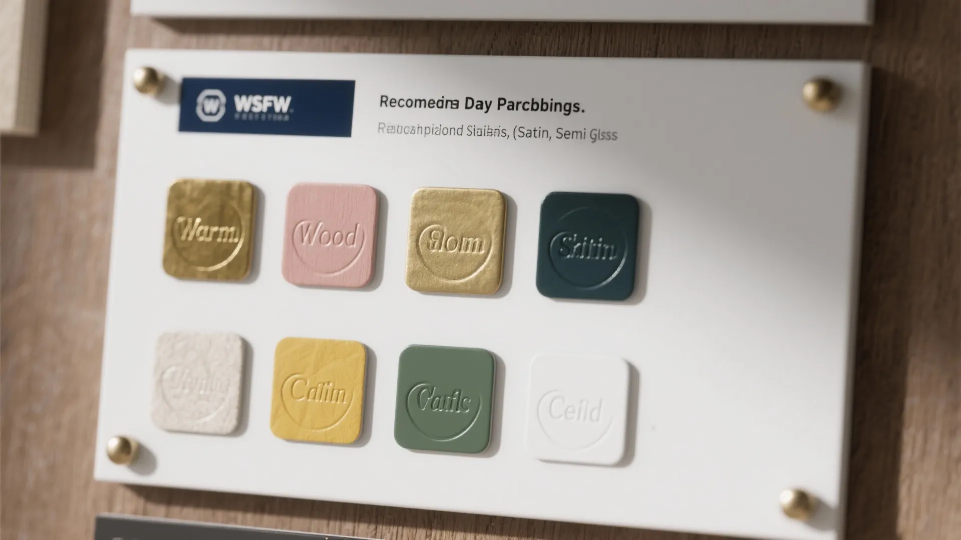 A white display board showing eight different colored paint and material samples for interior design