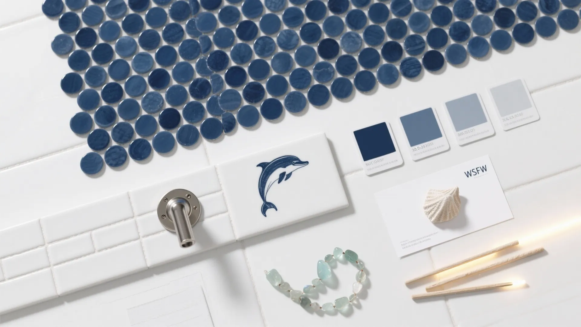 Blue color palette mood board with round mosaic tiles dolphin pattern and white wall tiles