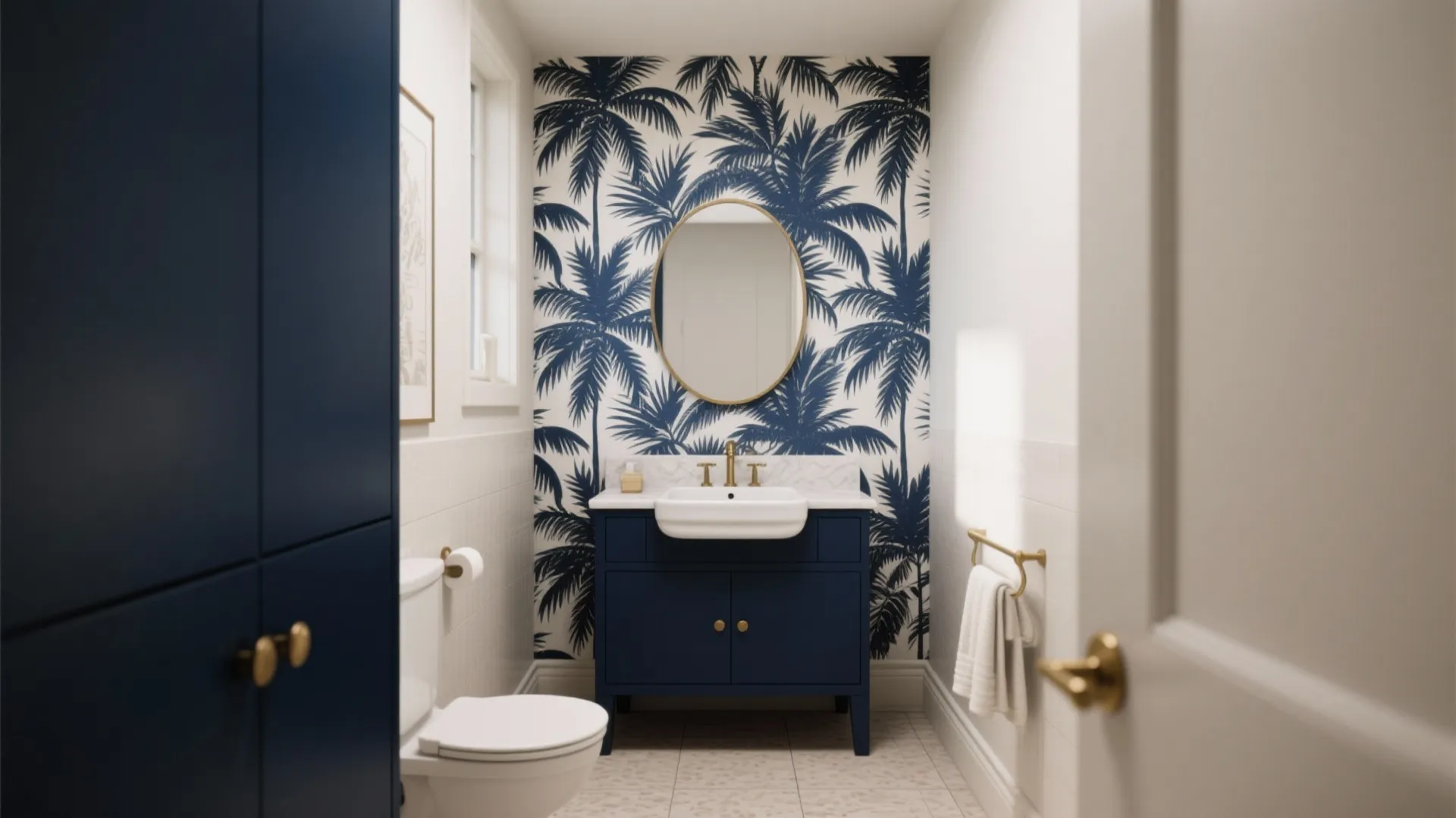 Modern bathroom with navy blue cabinet white sink gold round mirror and palm tree wallpaper