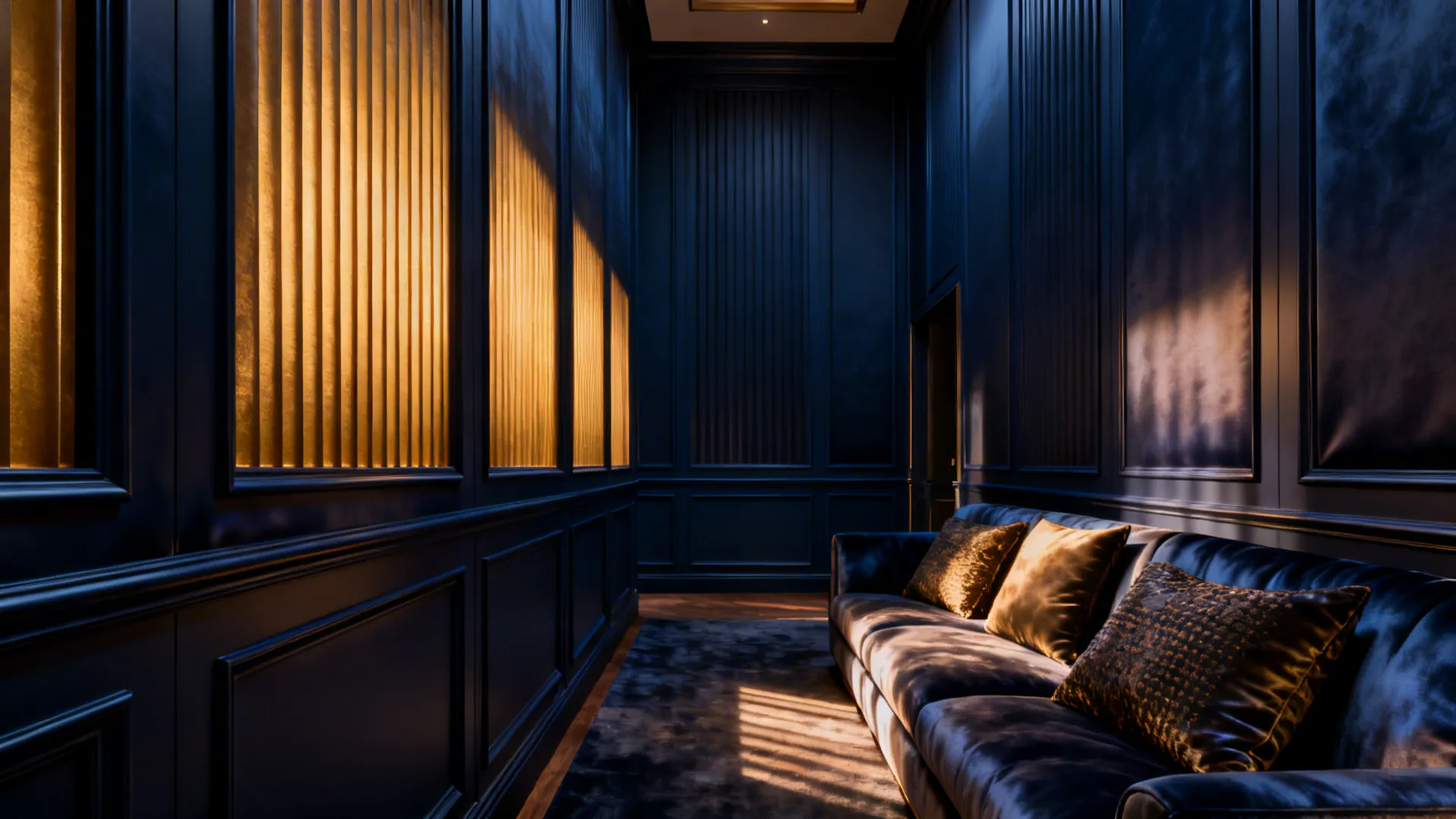 Narrow living room with floor-to-ceiling deep navy paneling and satin finish for dramatic effect.