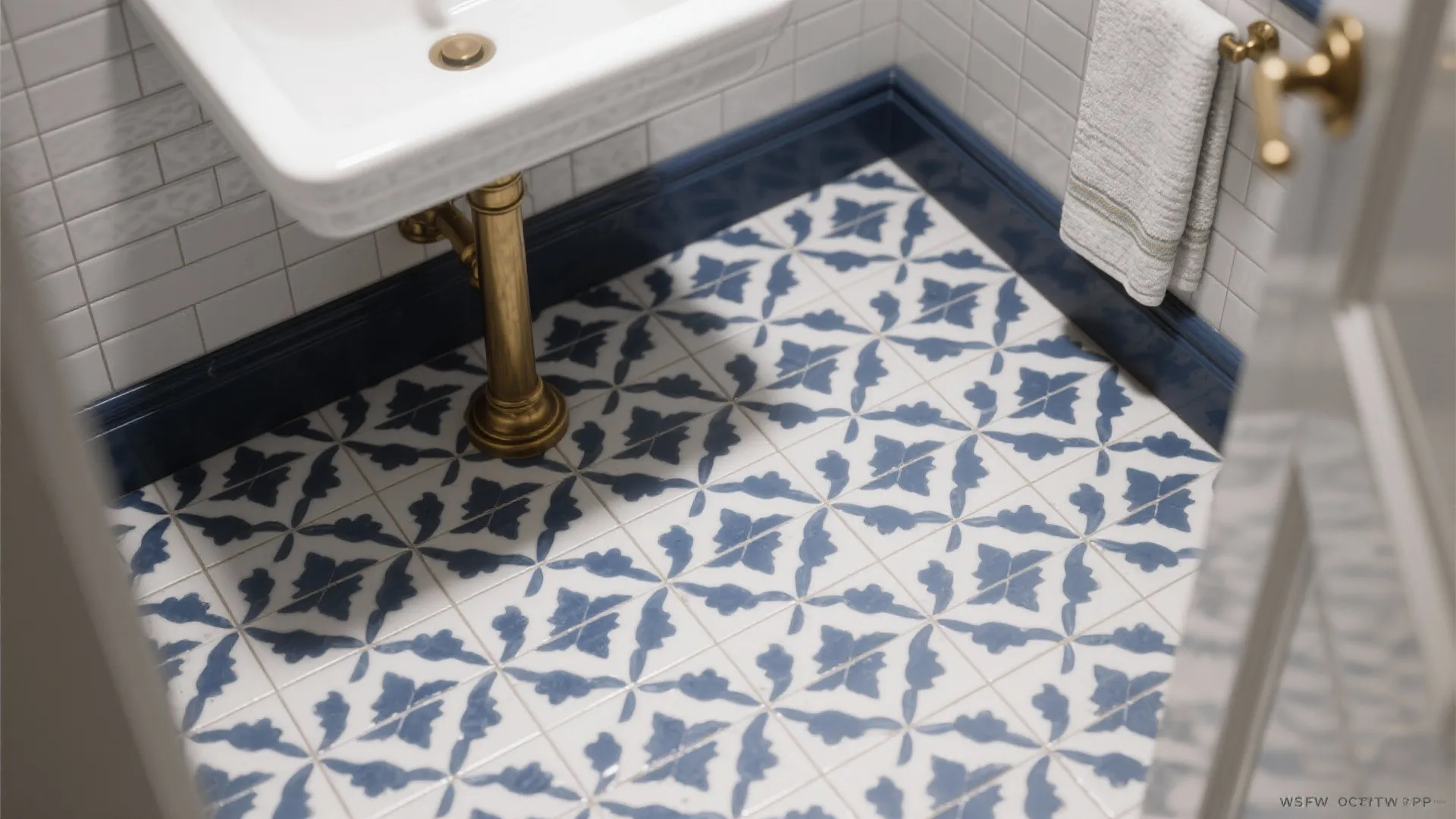 Small bathroom corner featuring blue patterned floor tiles with white sink and gold metal pipes