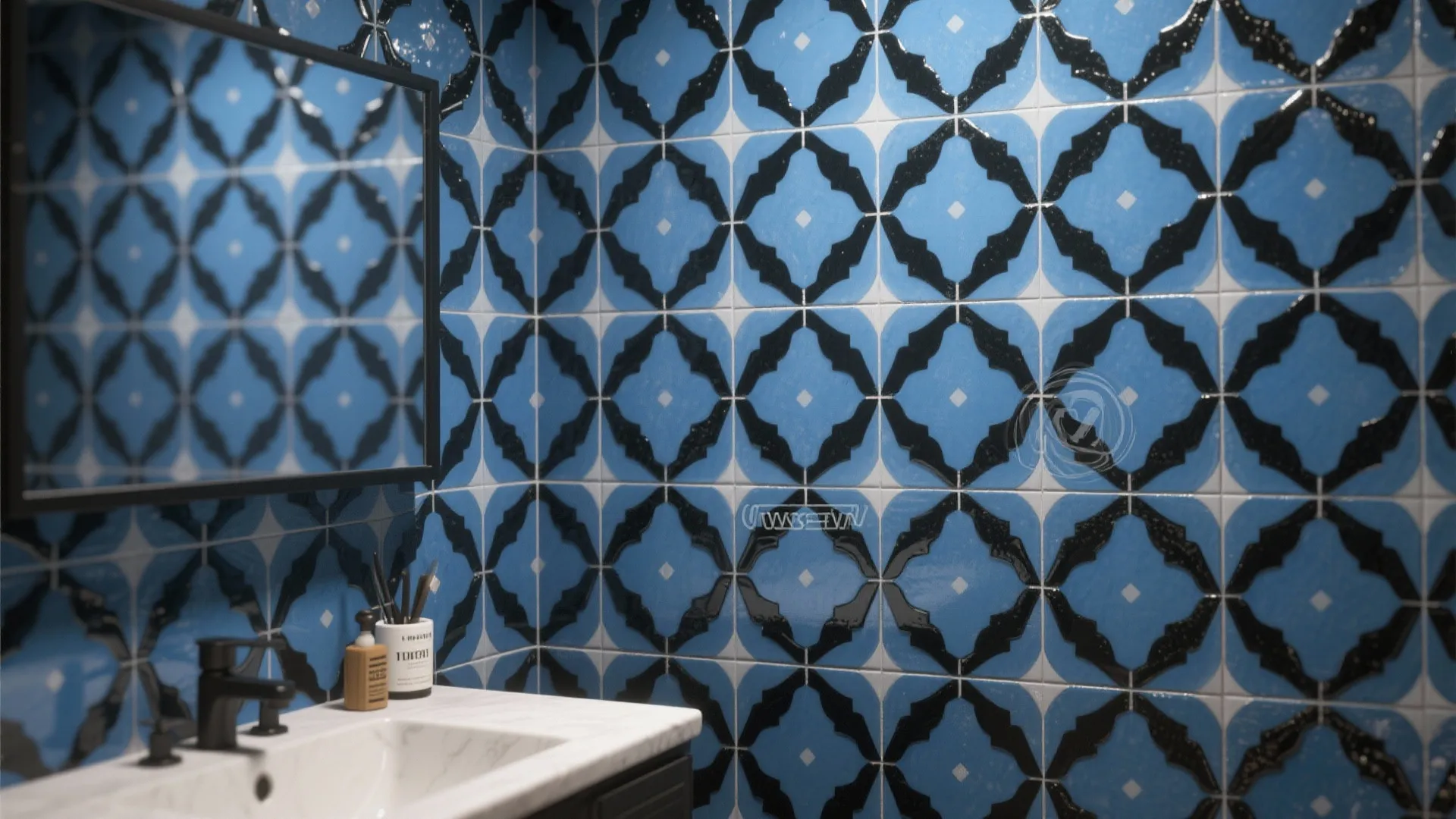 4. Graphic Tiles: Navy Patterns and Black Grout