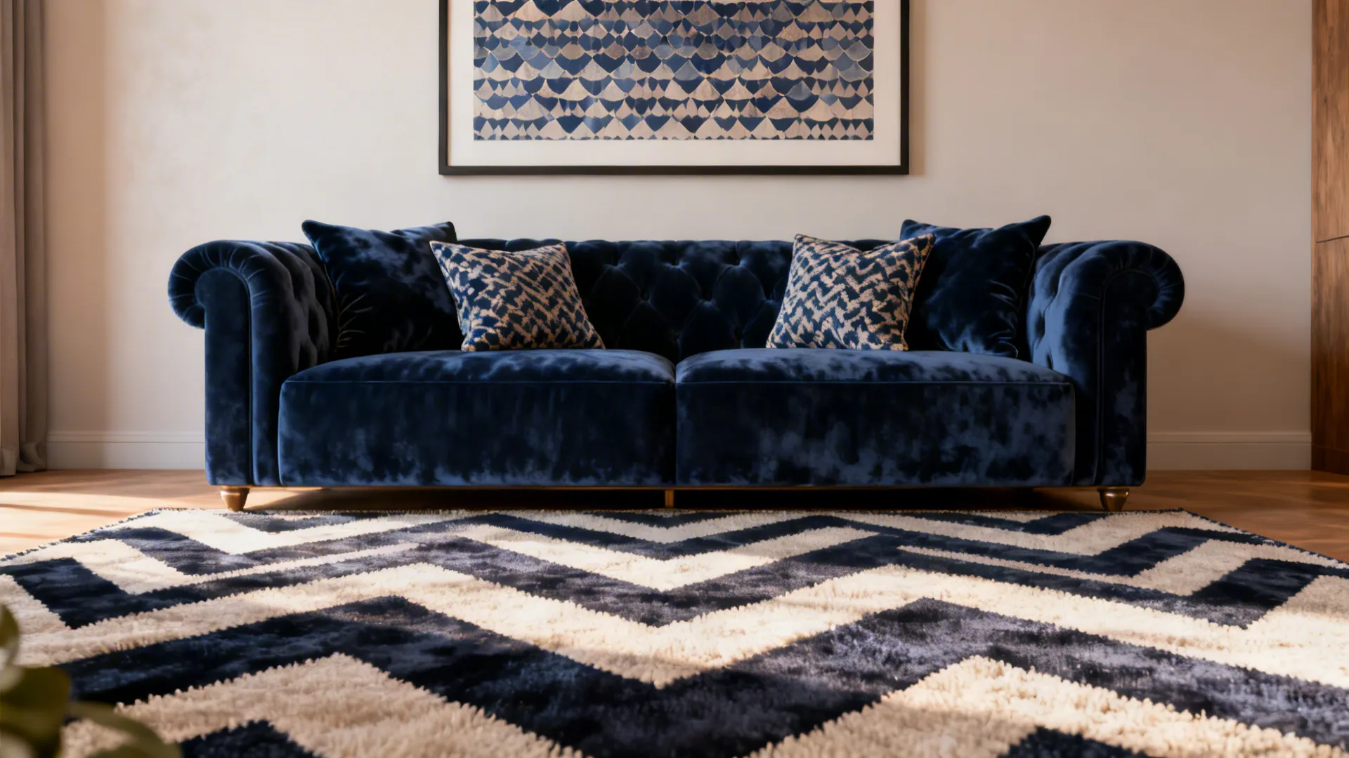 Navy blue velvet sofa with pillows on blue and white zig zag pattern area rug