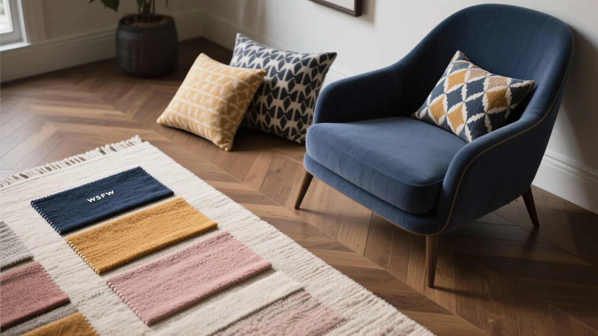 3. Mix navy chairs with patterned textiles for visual interest