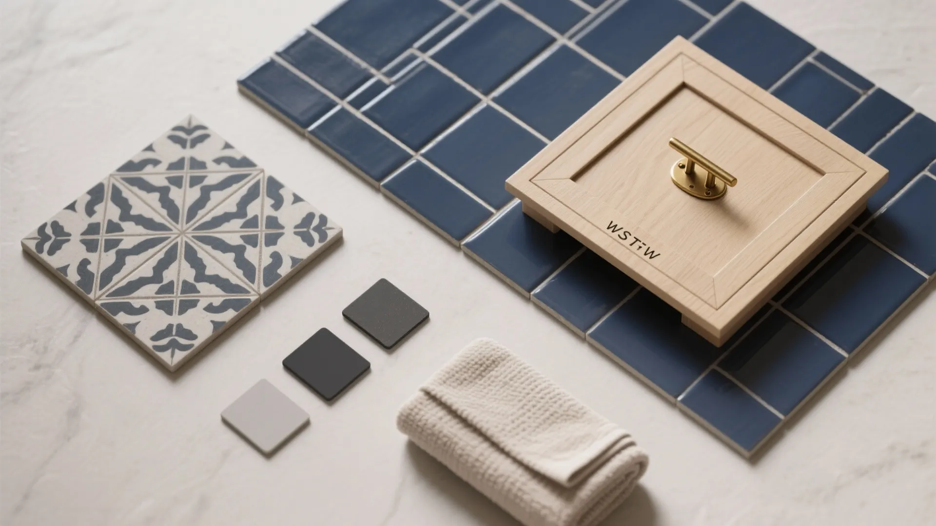 4. Mix navy with patterned tiles for a vintage twist