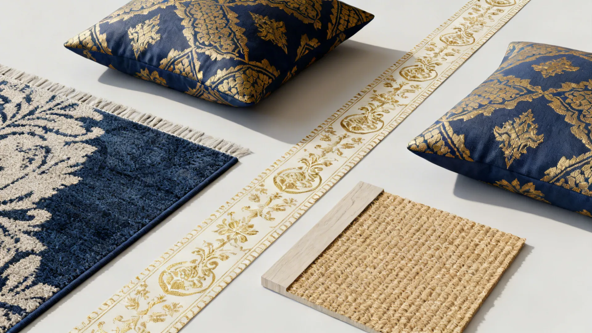 Flatlay of navy and gold fabric and wallpaper samples with wood and jute swatches for scale.