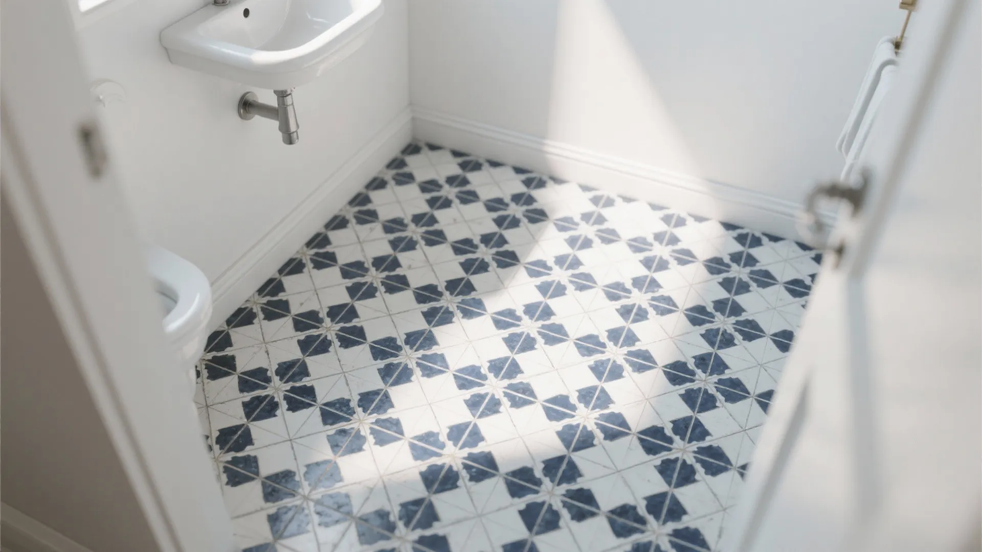 4. Patterned Navy-and-White Floor Tiles