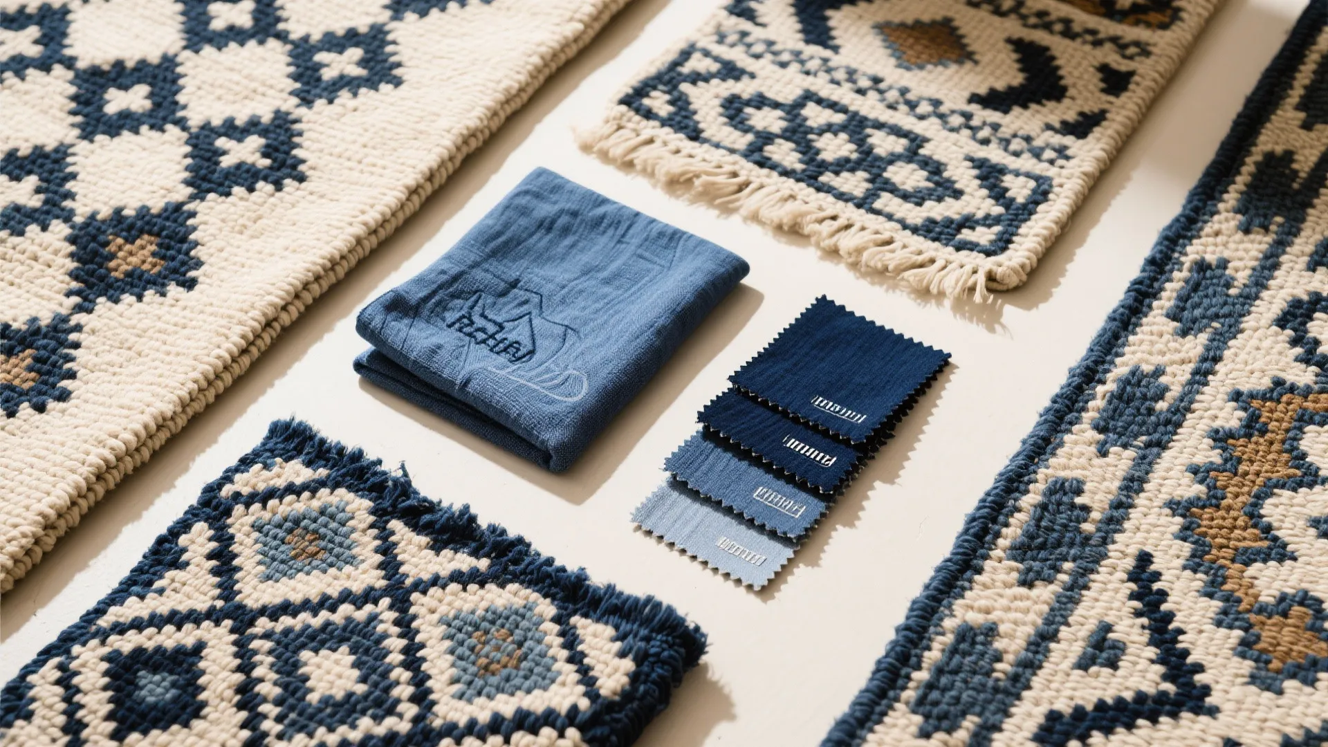 Collection of blue and beige pattern rugs shown with small fabric samples on white background