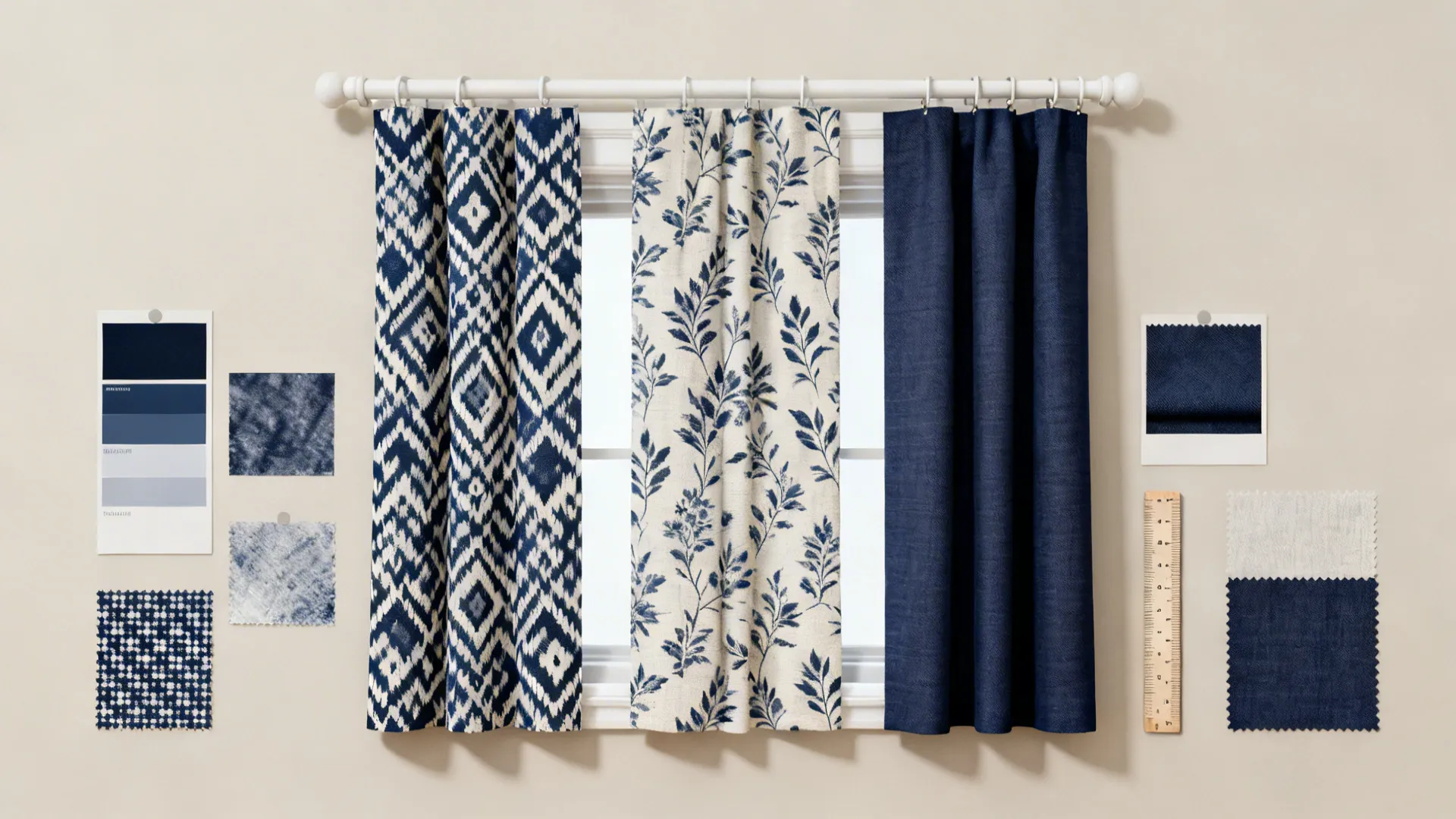 Navy blue patterned curtains hanging over window with fabric samples and color swatches on wall