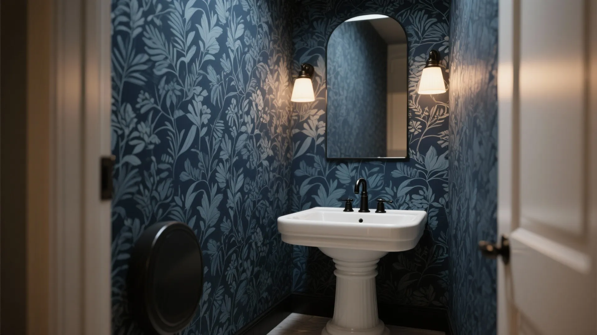 Small bathroom with blue floral pattern wallpaper white pedestal sink arched mirror and wall light