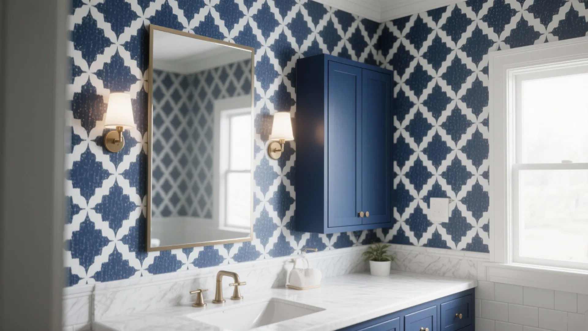 Bathroom vanity with blue patterned wallpaper a wall light gold faucet and a blue cabinet