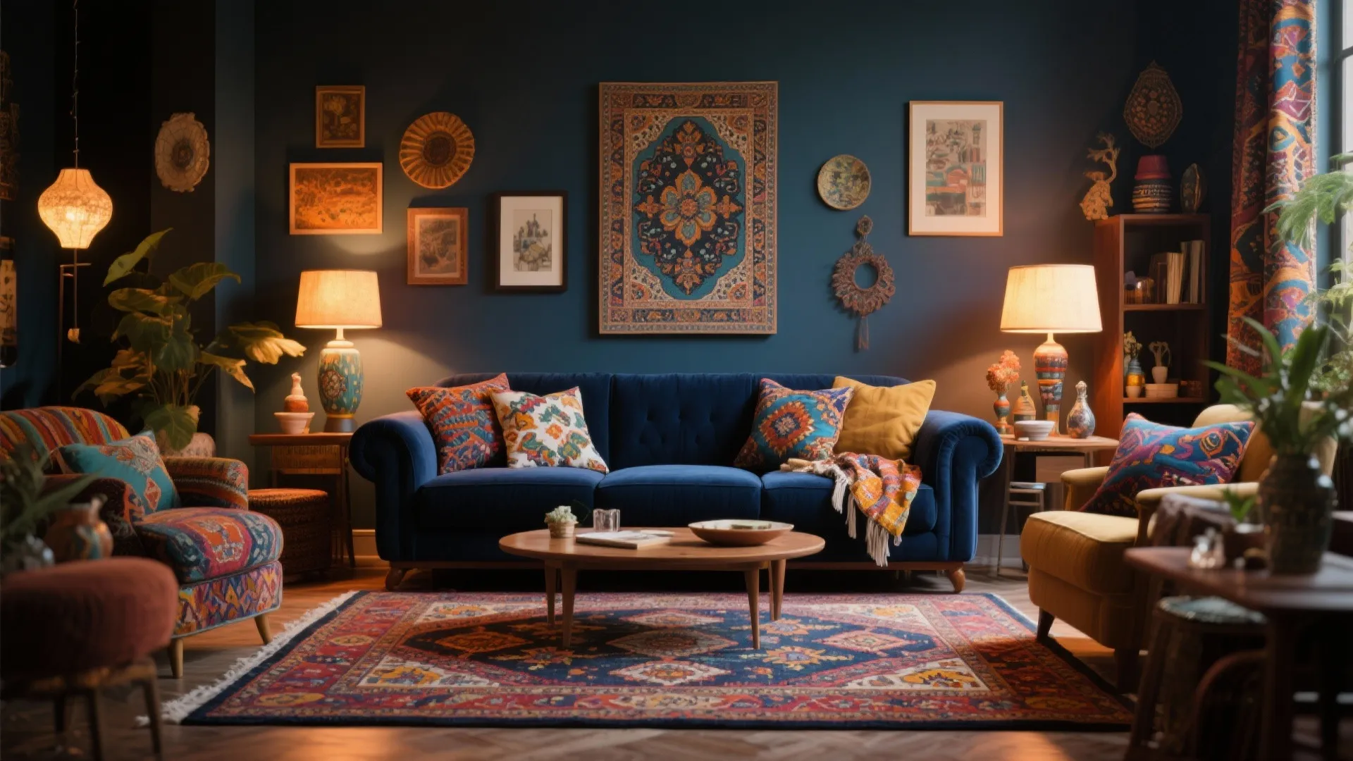 10. Statement Navy Sofa with Patterned Rug