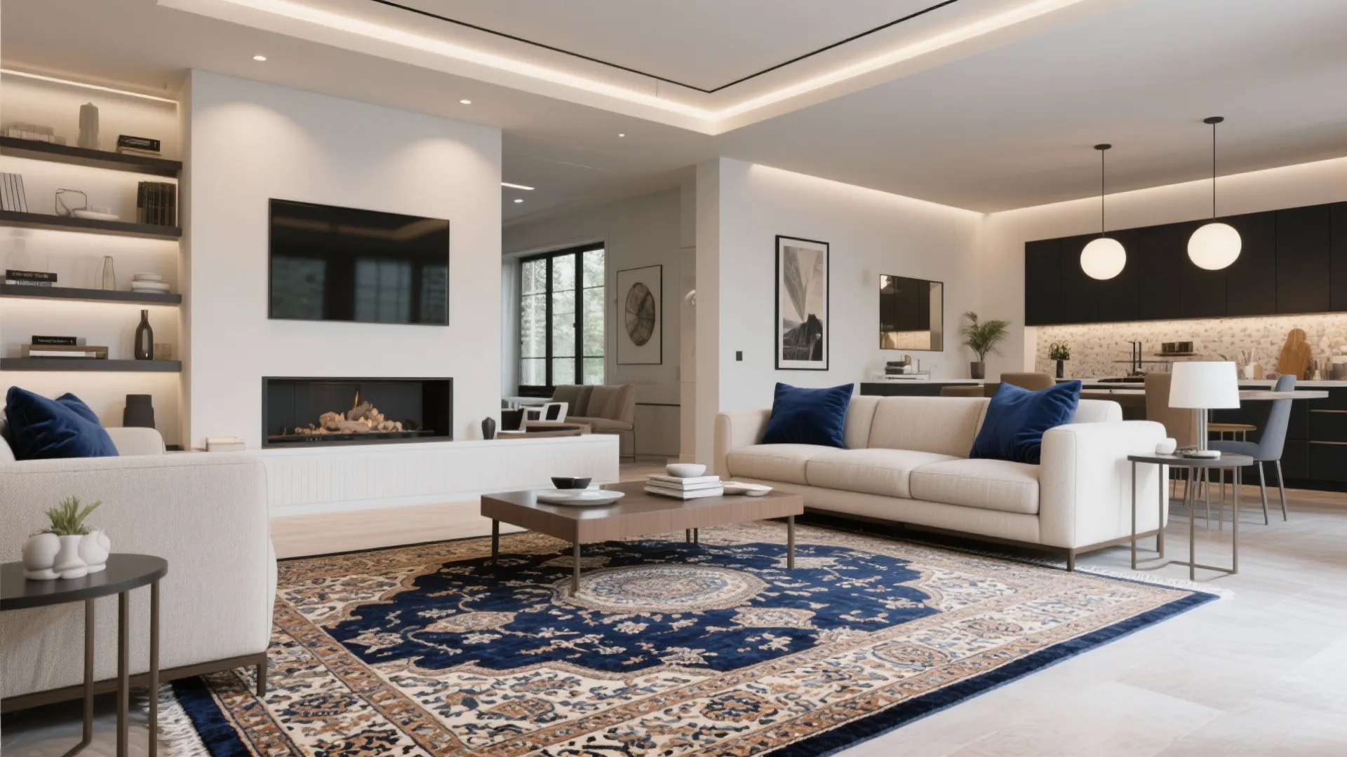 10. Navy with Bold Patterned Rugs